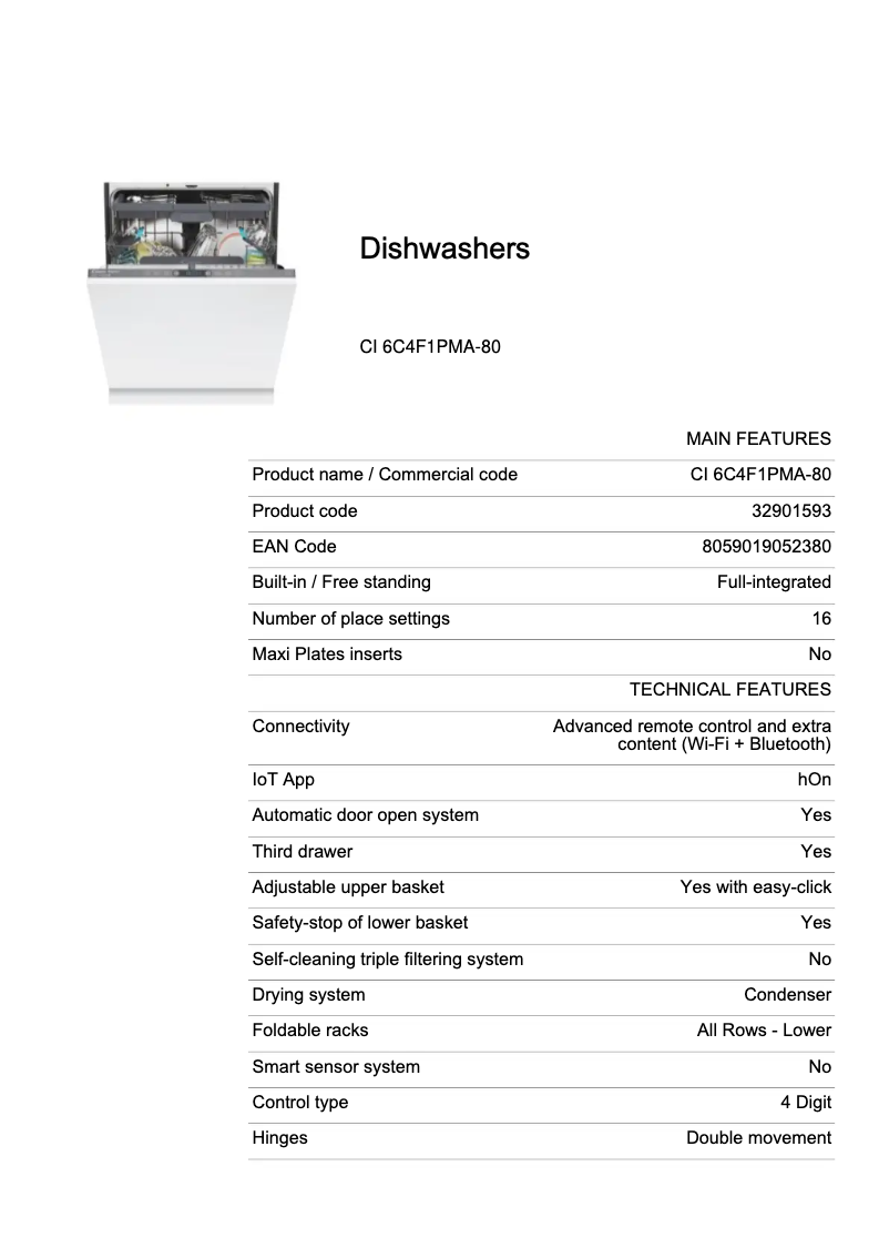 Page 1 de la notice Fiche technique Candy CI 6C4F1PMA-80