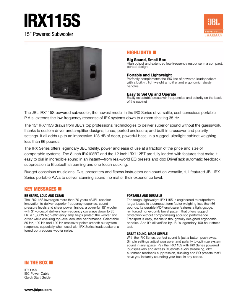 Page n°1 - Fiche technique JBL IRX115S