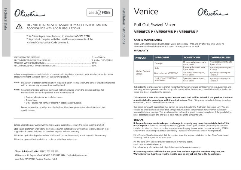 Page 1 de la notice Guide d'installation Oliveri VE590FBN-P