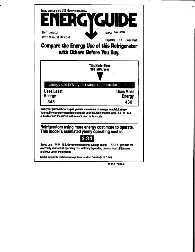Page 1 de la notice Label énergétique GE TAX10SNXLWH