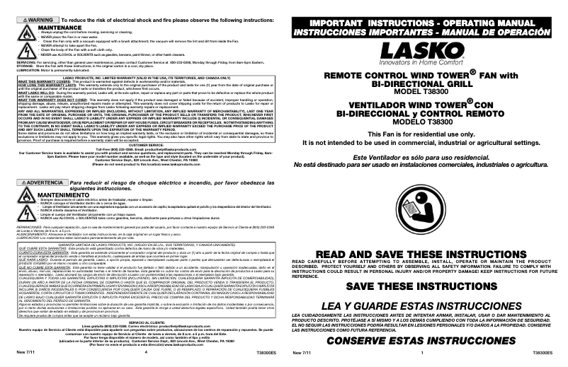Page 1 de la notice Manuel utilisateur Lasko Remote Control Wind Tower T38300