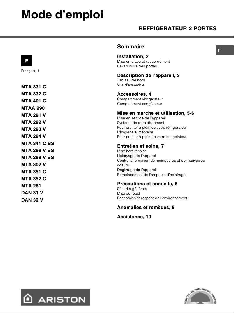 Page n°1 - Manuel utilisateur Hotpoint Ariston MTA 351 C