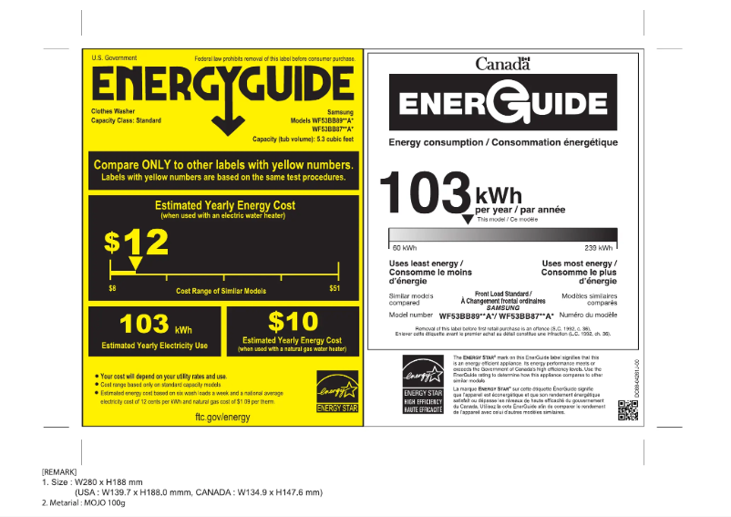 Page n°1 - Label énergétique Samsung WF53BB8700AV