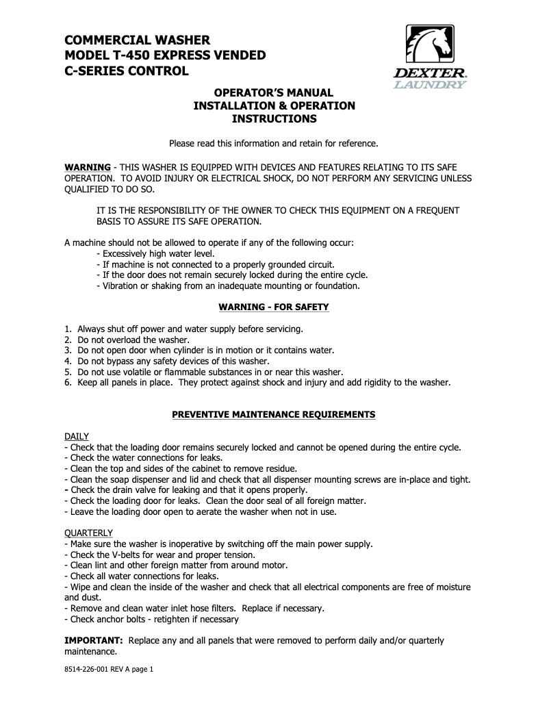 Page n°1 - Manuel utilisateur Dexter T-450 Express