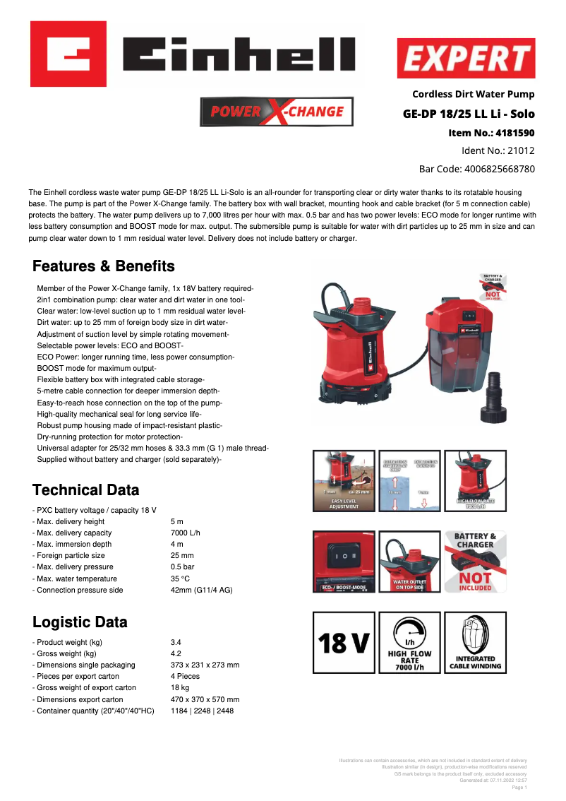Page 1 de la notice Fiche technique Einhell GE-DP 18/25 LL Li