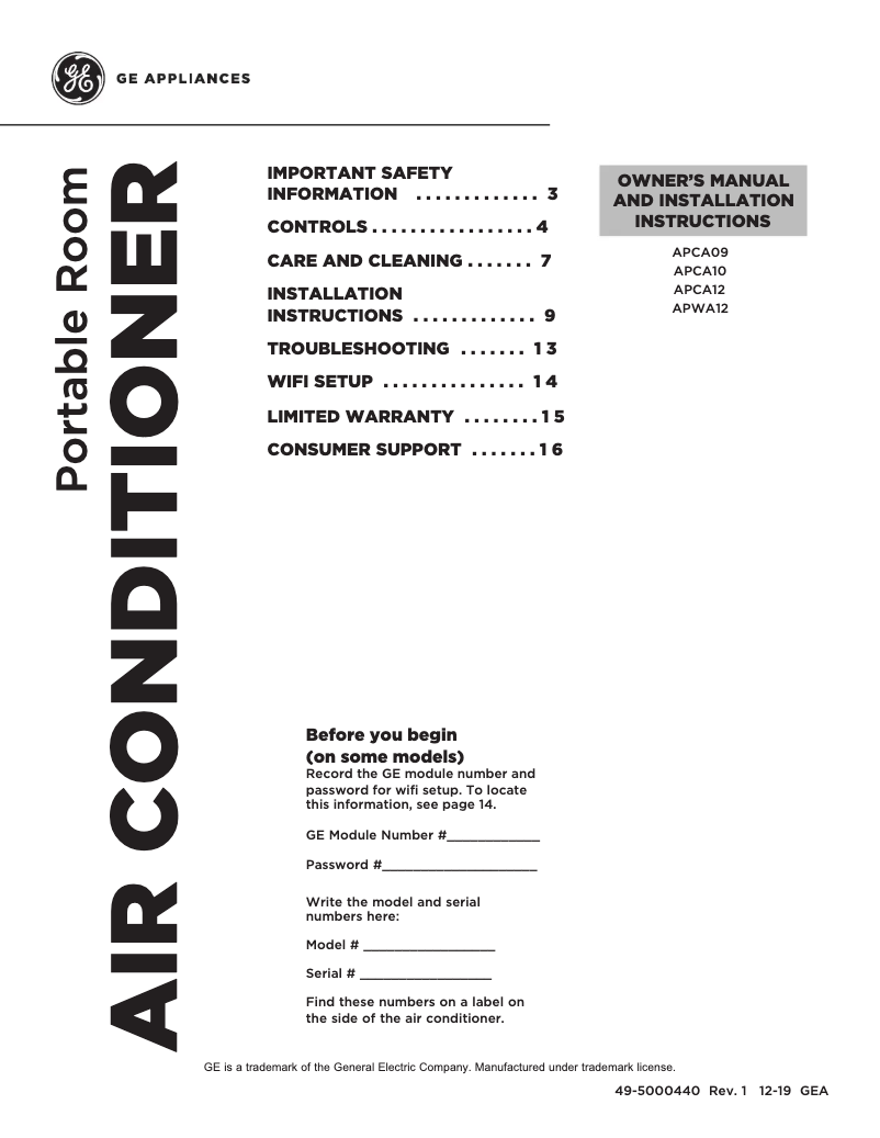 Image de la première page du manuel de l'appareil APCA10YZMW