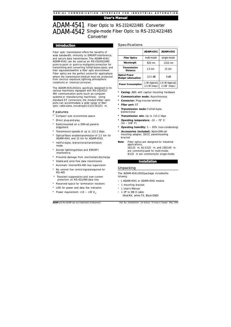 Page n°1 - Manuel utilisateur B&B Electronics ADAM-4541