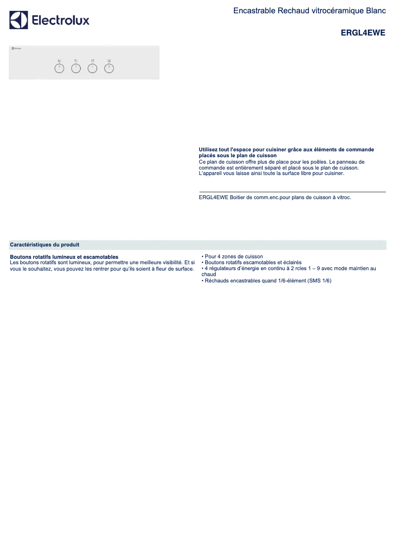 Page 1 de la notice Fiche technique Electrolux ERGL4EWE