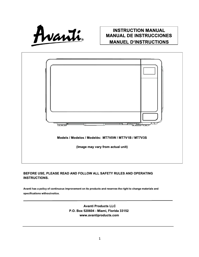 Page 1 de la notice Manuel utilisateur Avanti MT7V1B