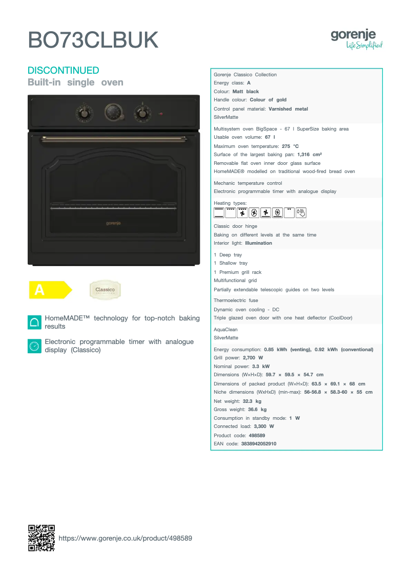 Página 1 del manual Ficha técnica Gorenje BO73CLBUK