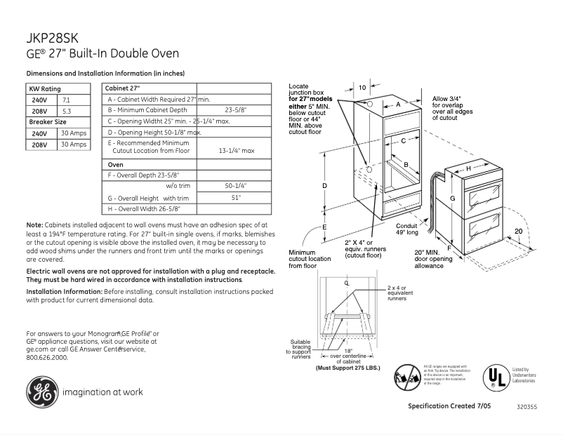 Page 1 de la notice Fiche technique GE JKP28SKSS