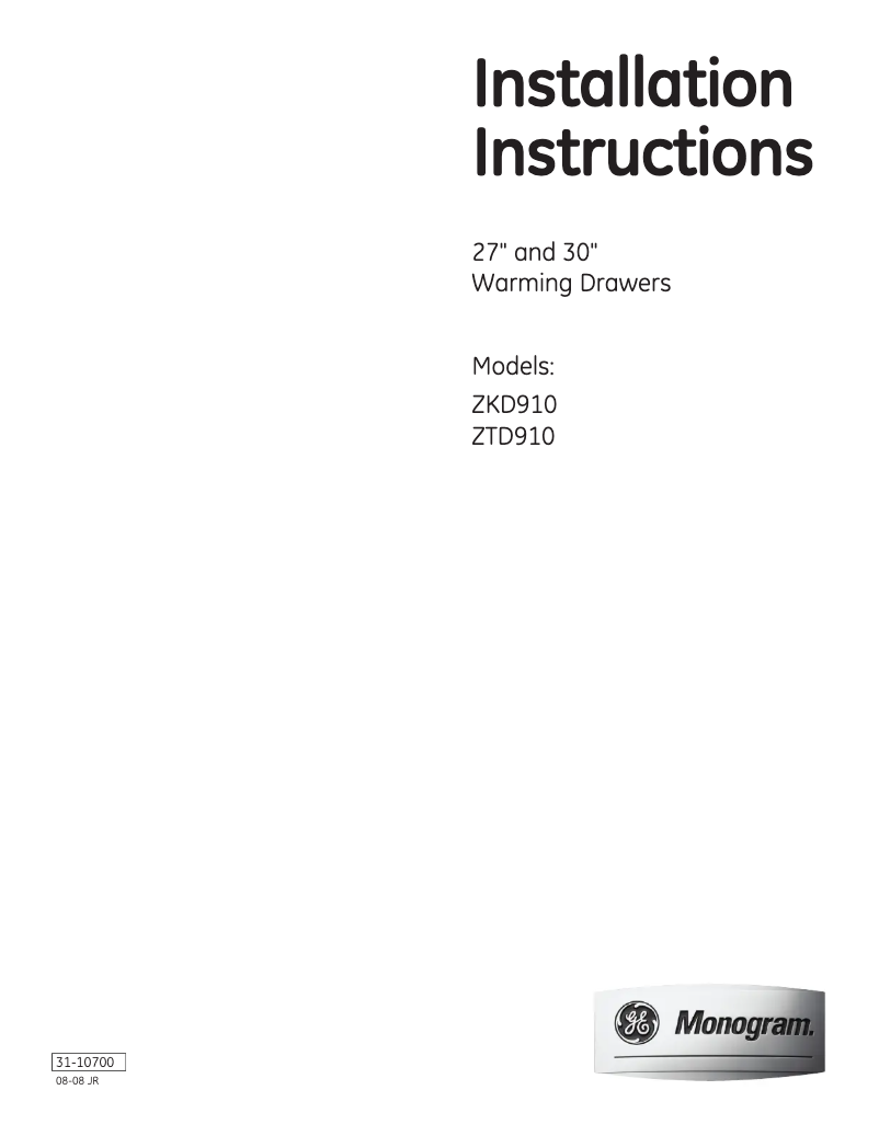 Page n°1 - Guide d'installation GE ZTD910WFWW