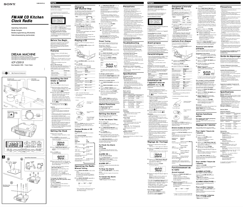 Page 1 de la notice Manuel utilisateur Sony ICF-CD513