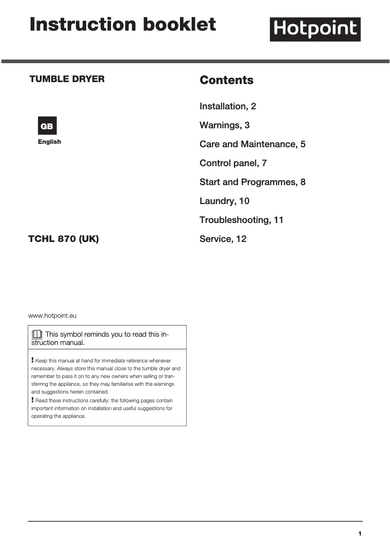 Page n°1 - Manuel utilisateur Hotpoint TCHL 870 BP.9 (UK)