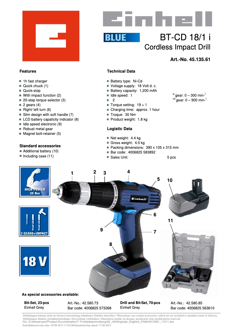 Page 1 de la notice Fiche technique Einhell BT-CD 18/1 i