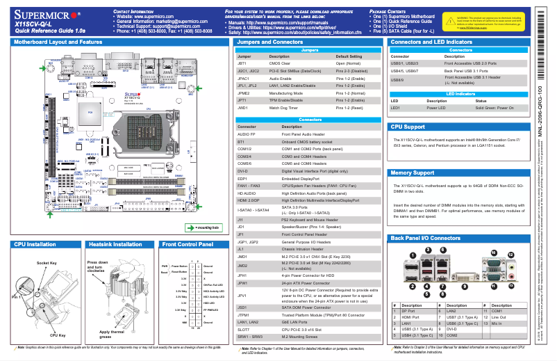Page 1 de la notice Guide de démarrage rapide Supermicro X11SCV-Q
