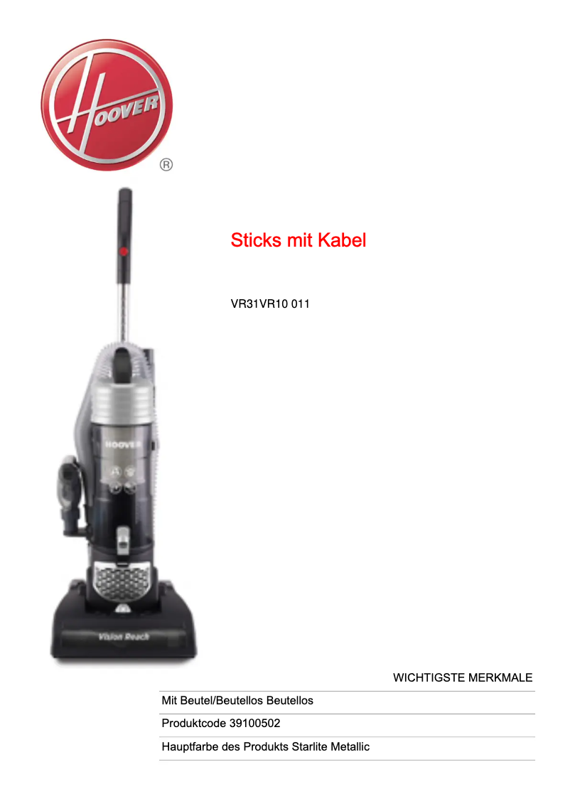 Page n°1 - Fiche technique Hoover Vision Reach VR31VR10 011