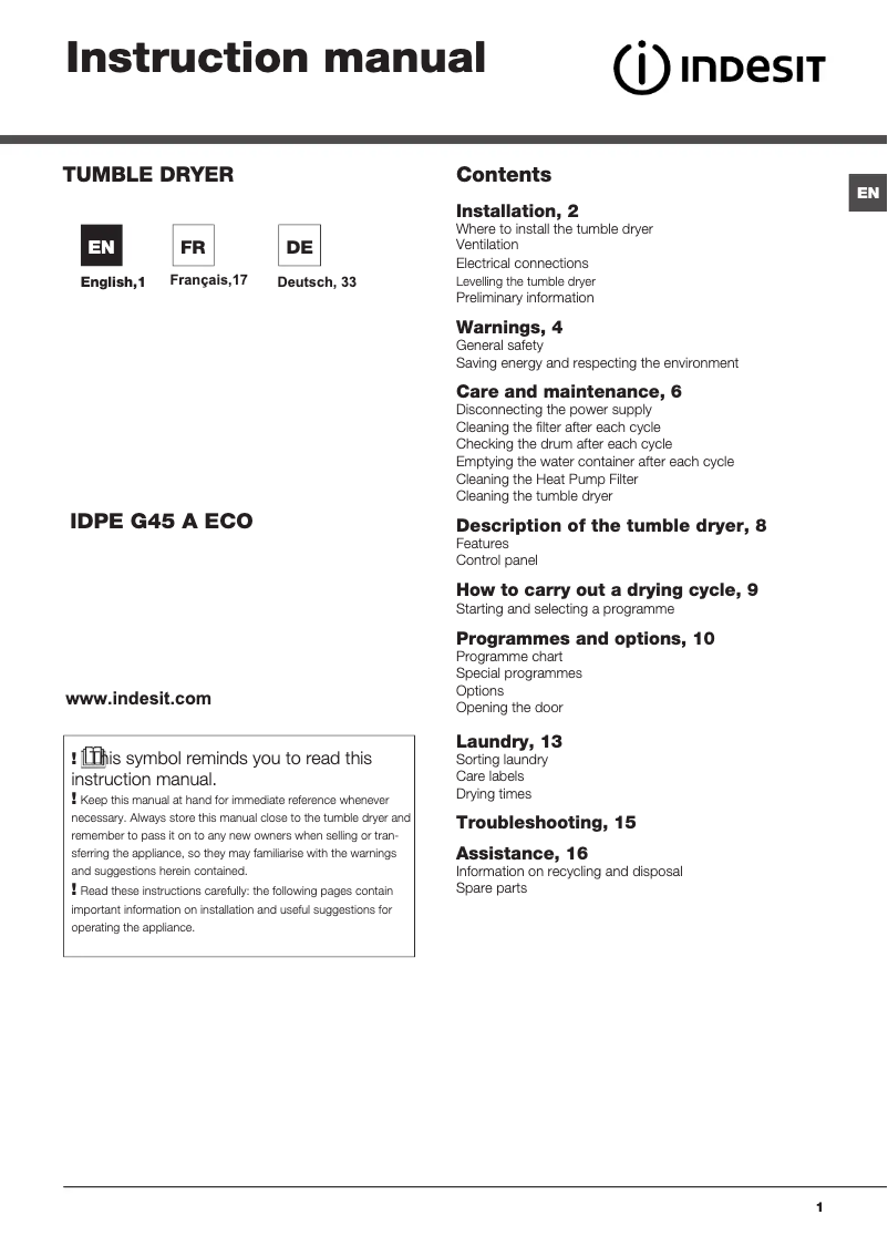 Image de la première page du manuel de l'appareil IDPE G45 A ECO