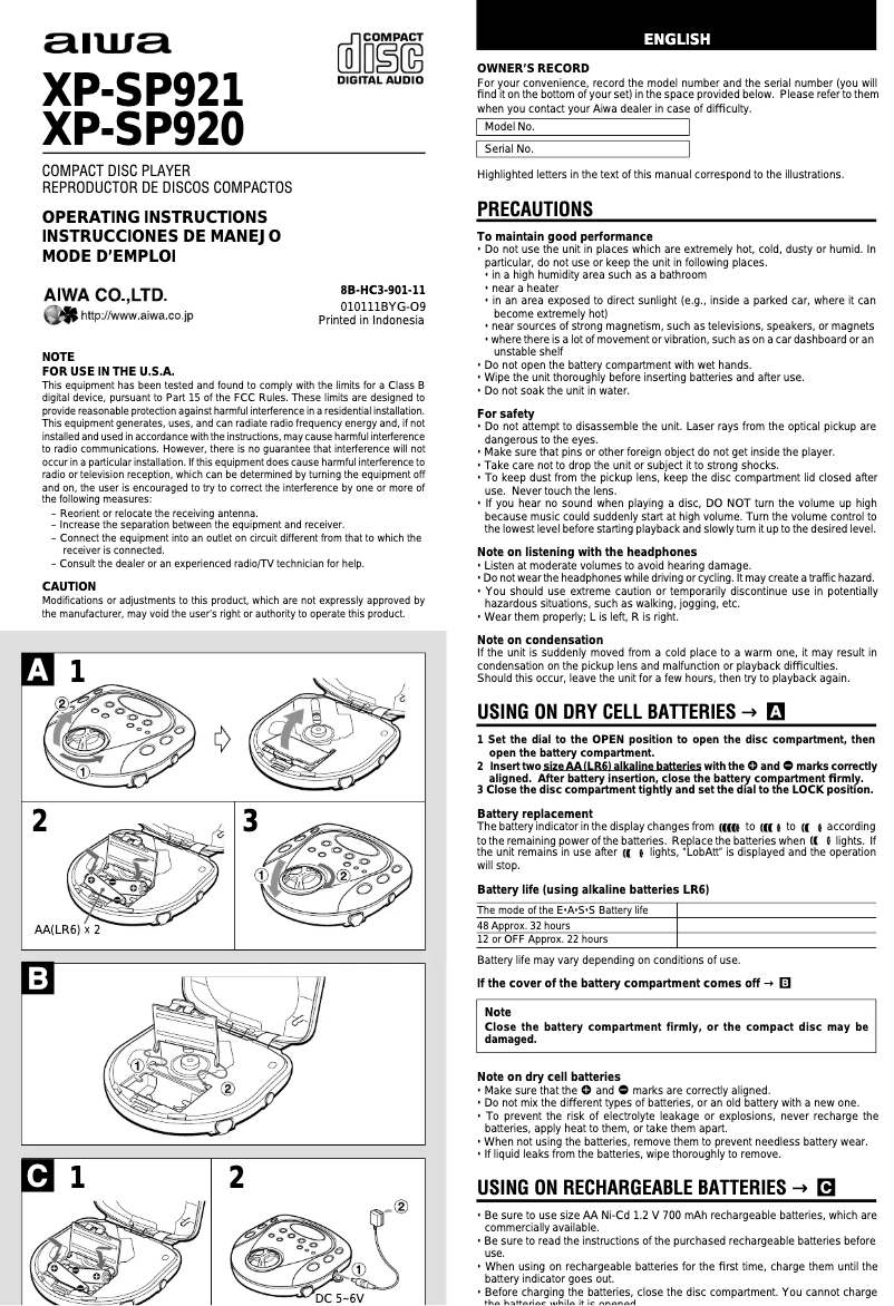 Page n°1 - Manuel utilisateur Aiwa XP-SP920