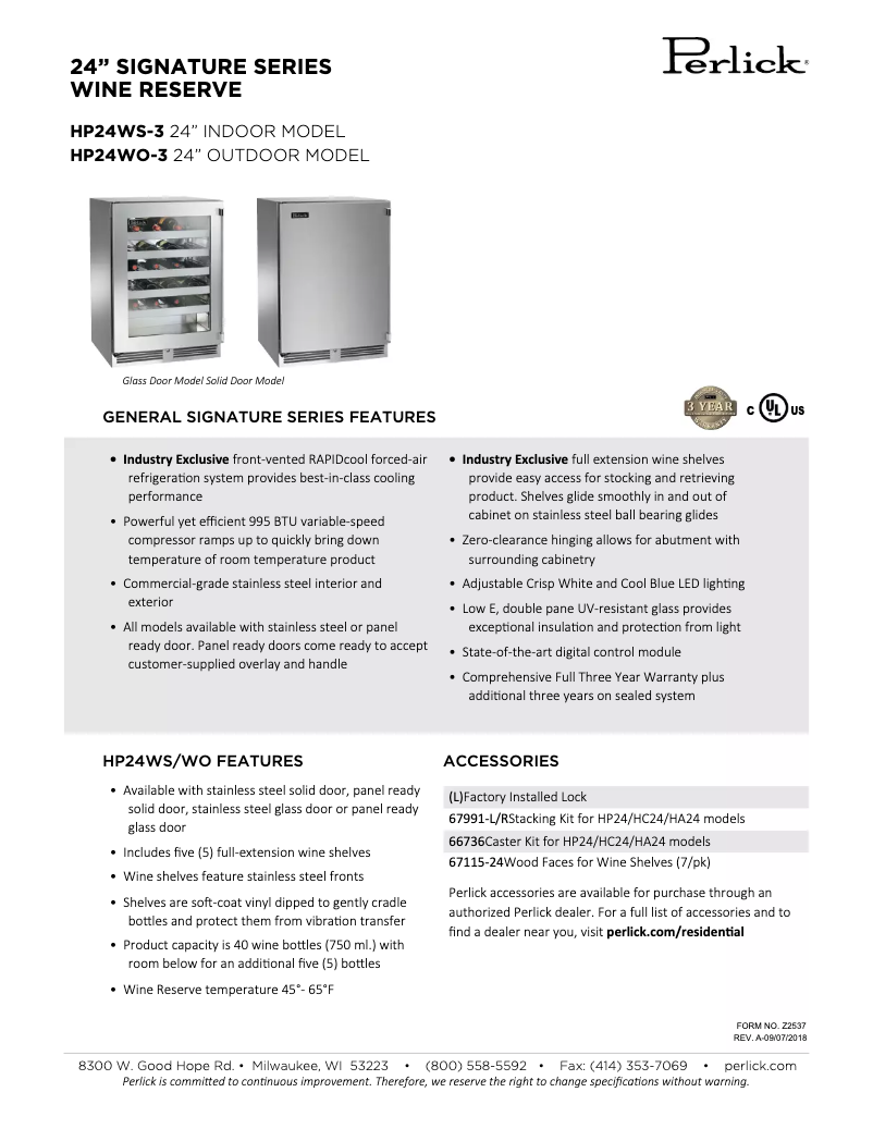 Page n°1 - Fiche technique Perlick Signature Series HP24WS-3-4R