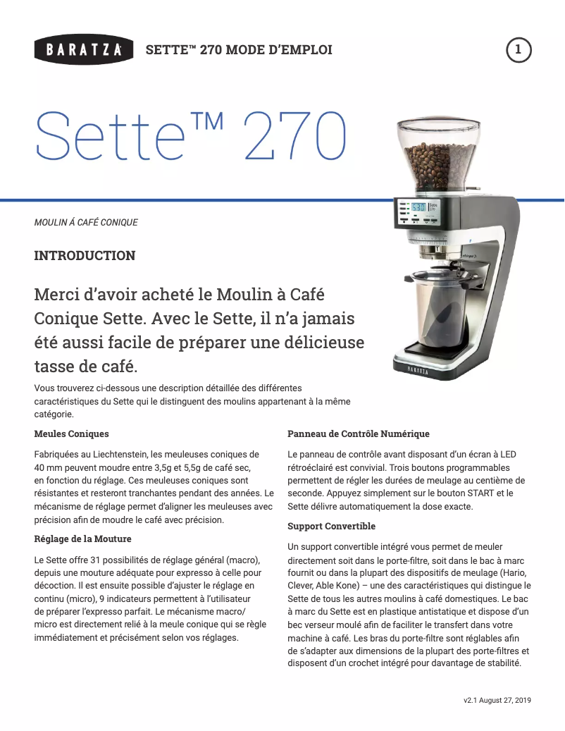 Page n°1 - Manuel utilisateur Baratza Sette 270