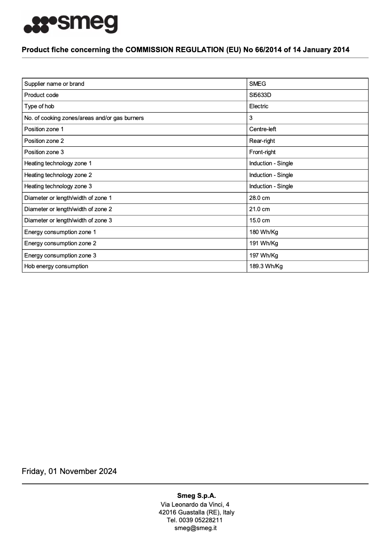 Page 1 de la notice Fiche technique Smeg SI5633D
