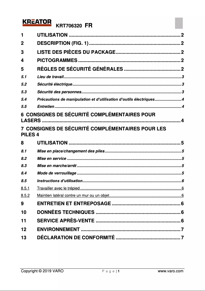 Page 1 de la notice Manuel utilisateur Kreator KRT706320