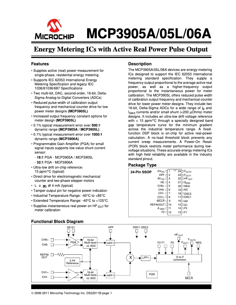 Page 1 de la notice Fiche technique Microchip MCP3906A