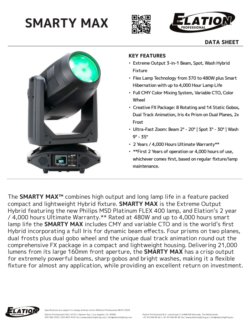Page 1 de la notice Fiche technique Elation Smarty Max