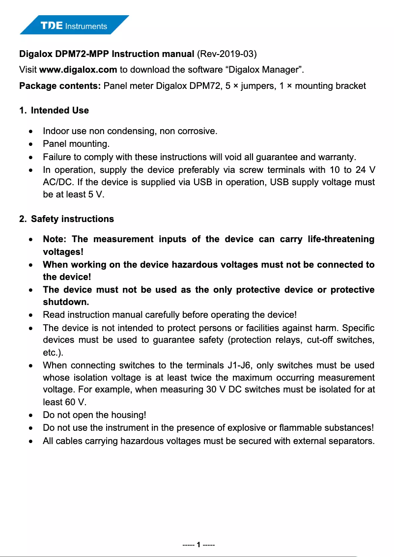 Image de la première page du manuel de l'appareil Digalox DPM72-MPP