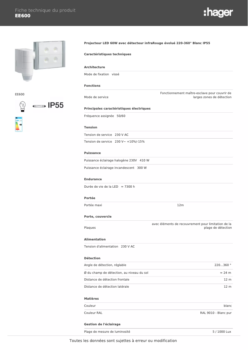 Page 1 de la notice Fiche technique Hager EE600