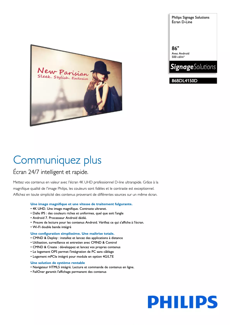 Page 1 de la notice Fiche technique Philips D-Line 86BDL4150D