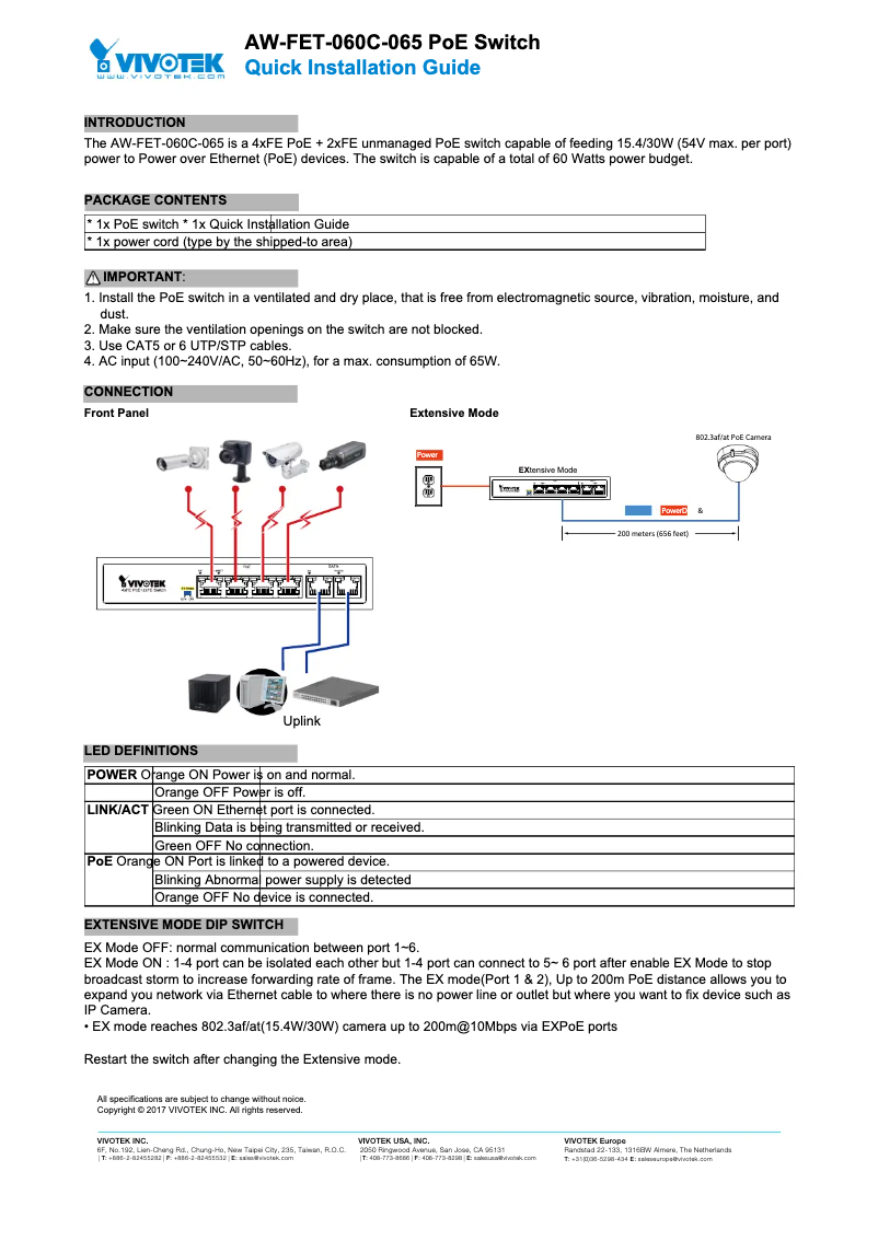 Page 1 de la notice Guide d'installation Vivotek AW-FET-060C-065