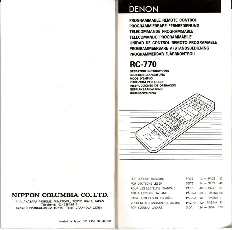 Page 1 de la notice Manuel utilisateur Denon RC-770 Universal