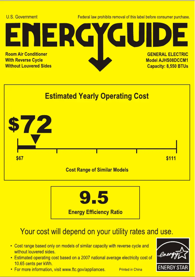 Page n°1 - Label énergétique GE AJHS08DCC