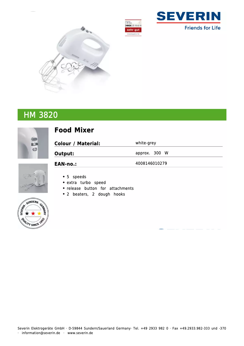 Página 1 del manual Ficha técnica Severin HM 3820