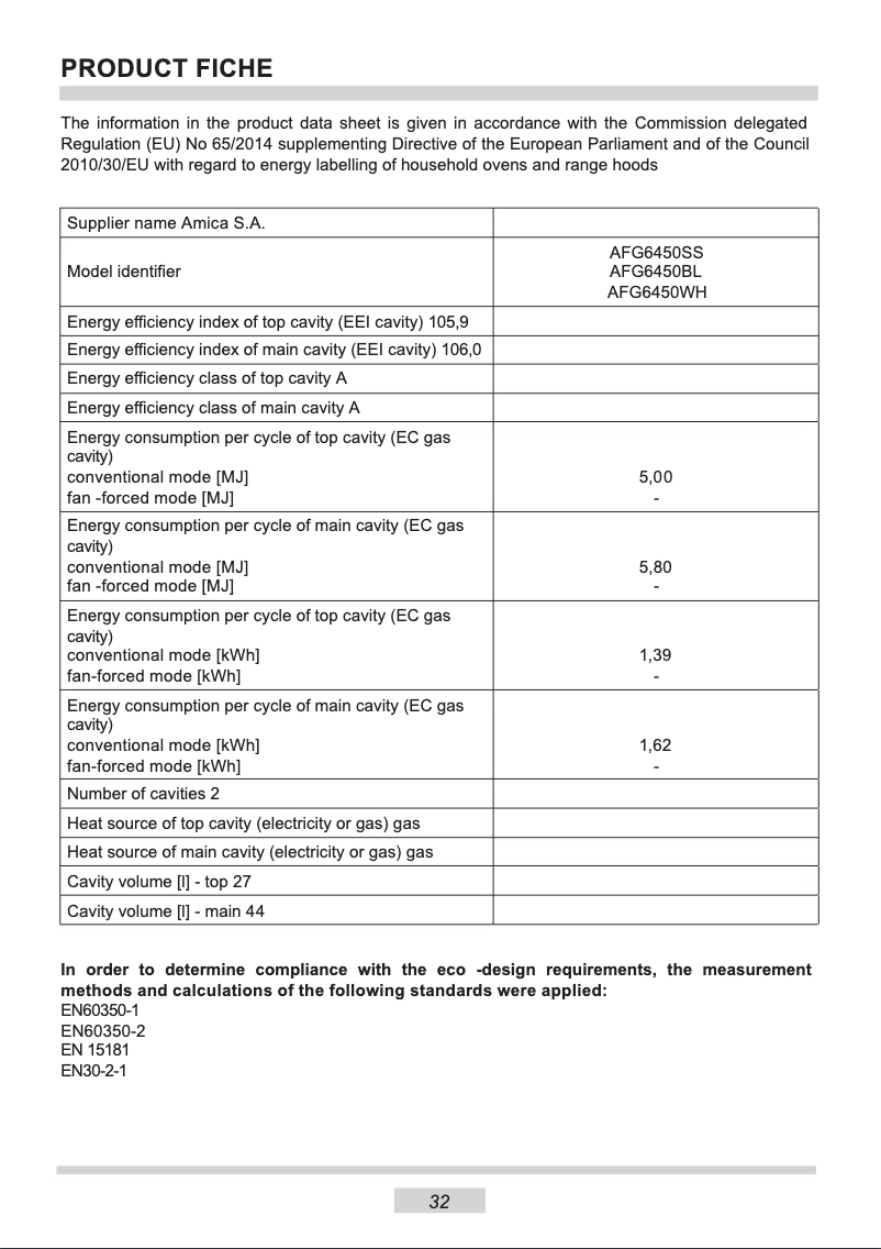 Page n°1 - Fiche technique Amica AFG6450SS