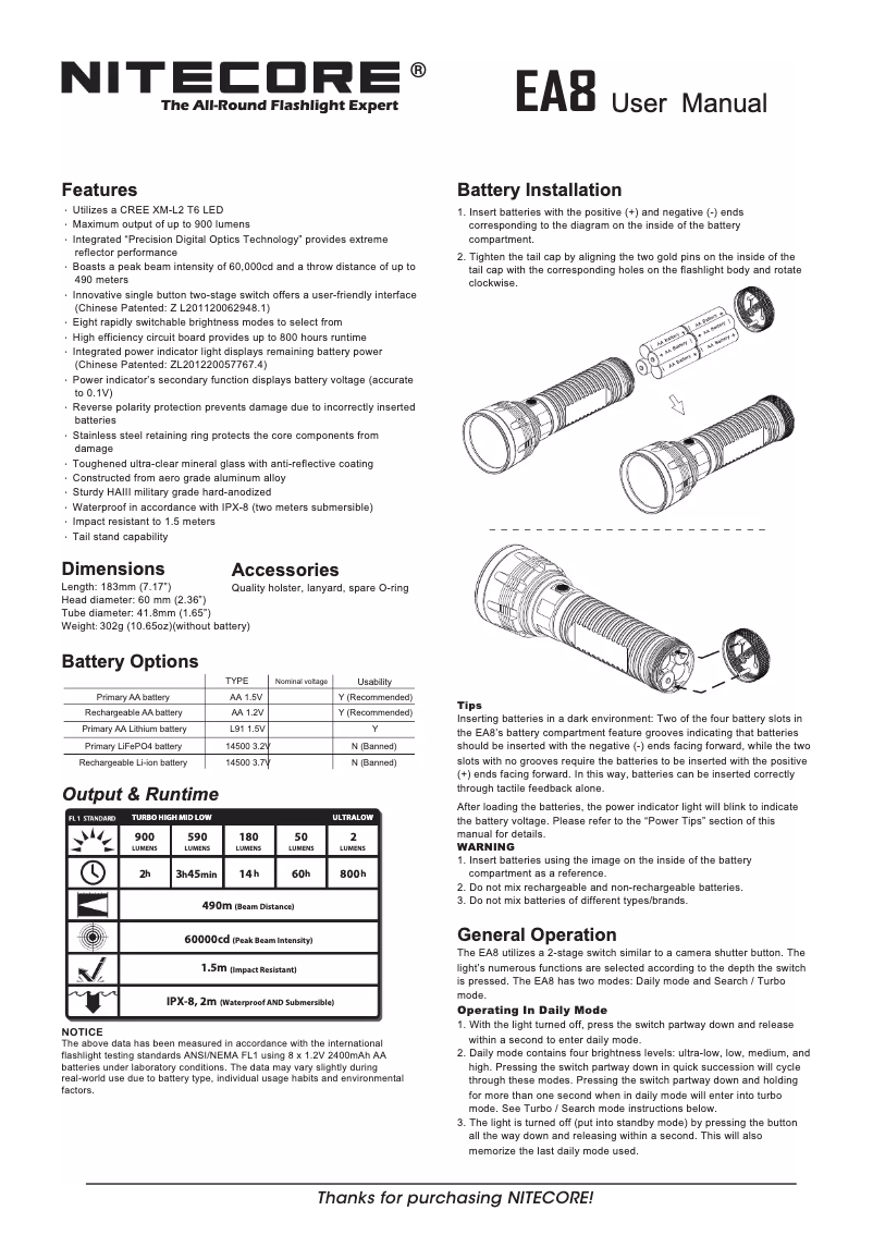 Page n°1 - Manuel utilisateur Nitecore EA8