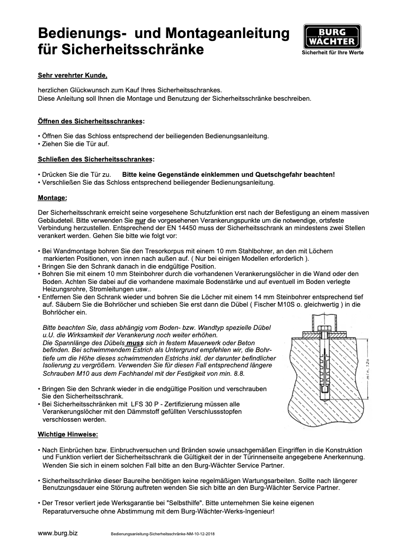 Page 1 de la notice Instructions / montage Burg Wächter SecuTronic B
