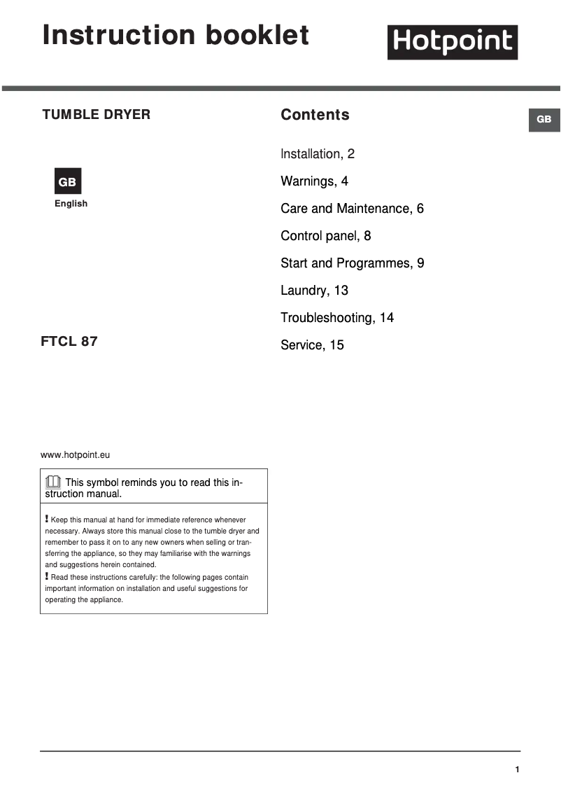 Page n°1 - Manuel utilisateur Hotpoint FTCL 871 GP (UK)
