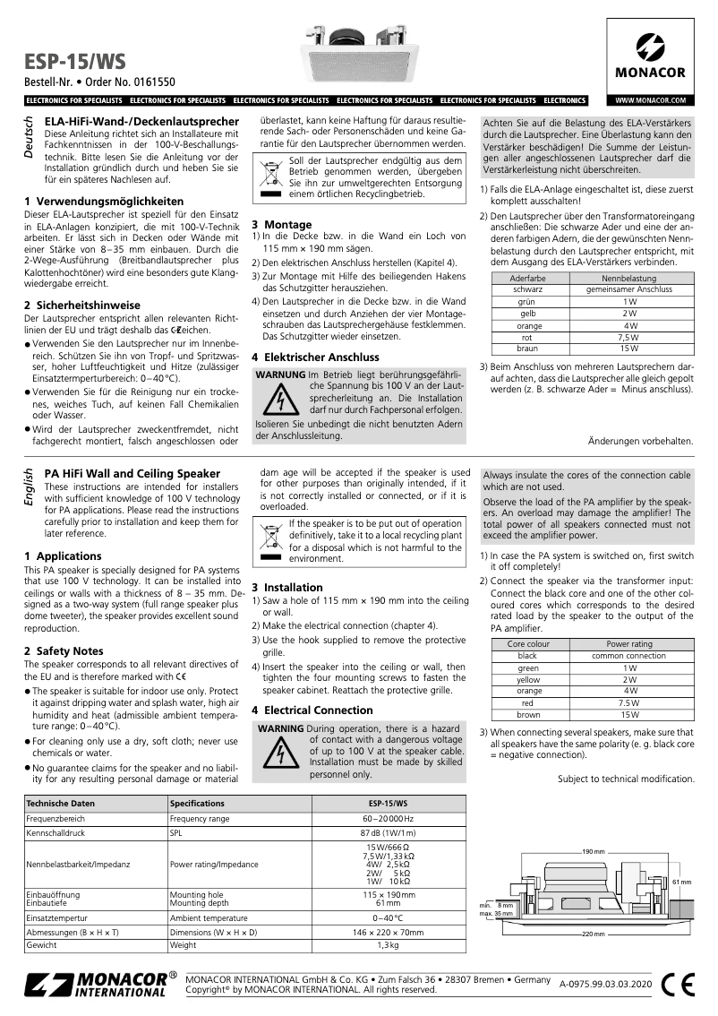 Page 1 de la notice Manuel utilisateur Monacor ESP-15/WS