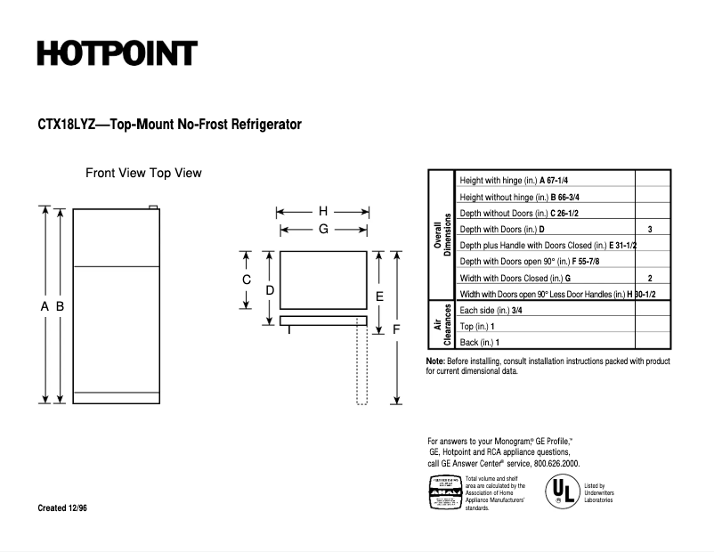 Page n°1 - Fiche technique Hotpoint CTX18LYZRWH