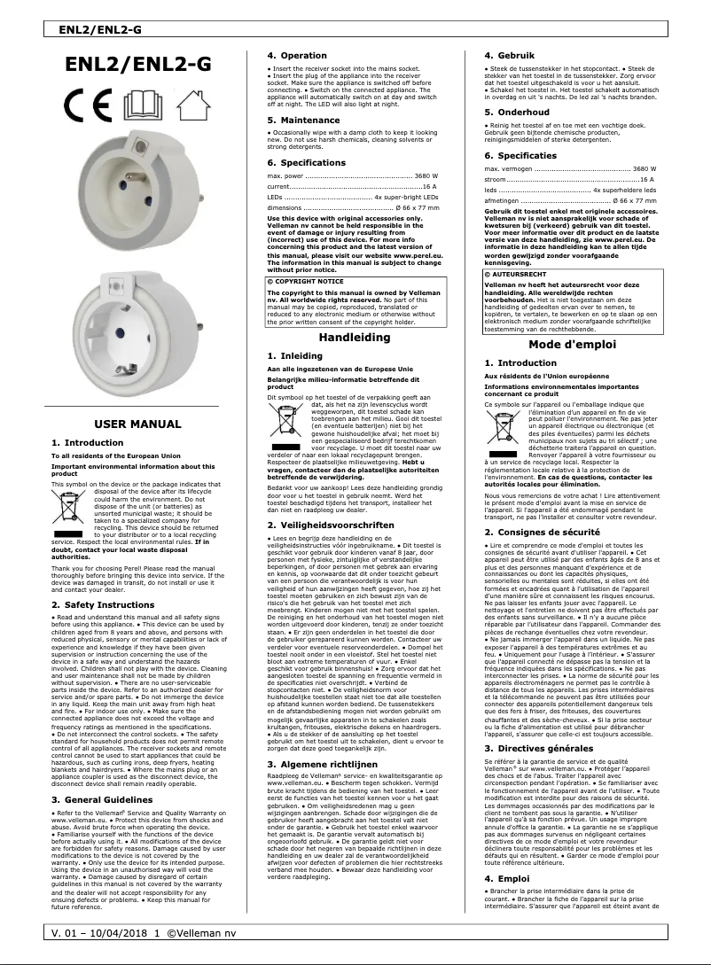 Page 1 de la notice Manuel utilisateur Perel ENL2
