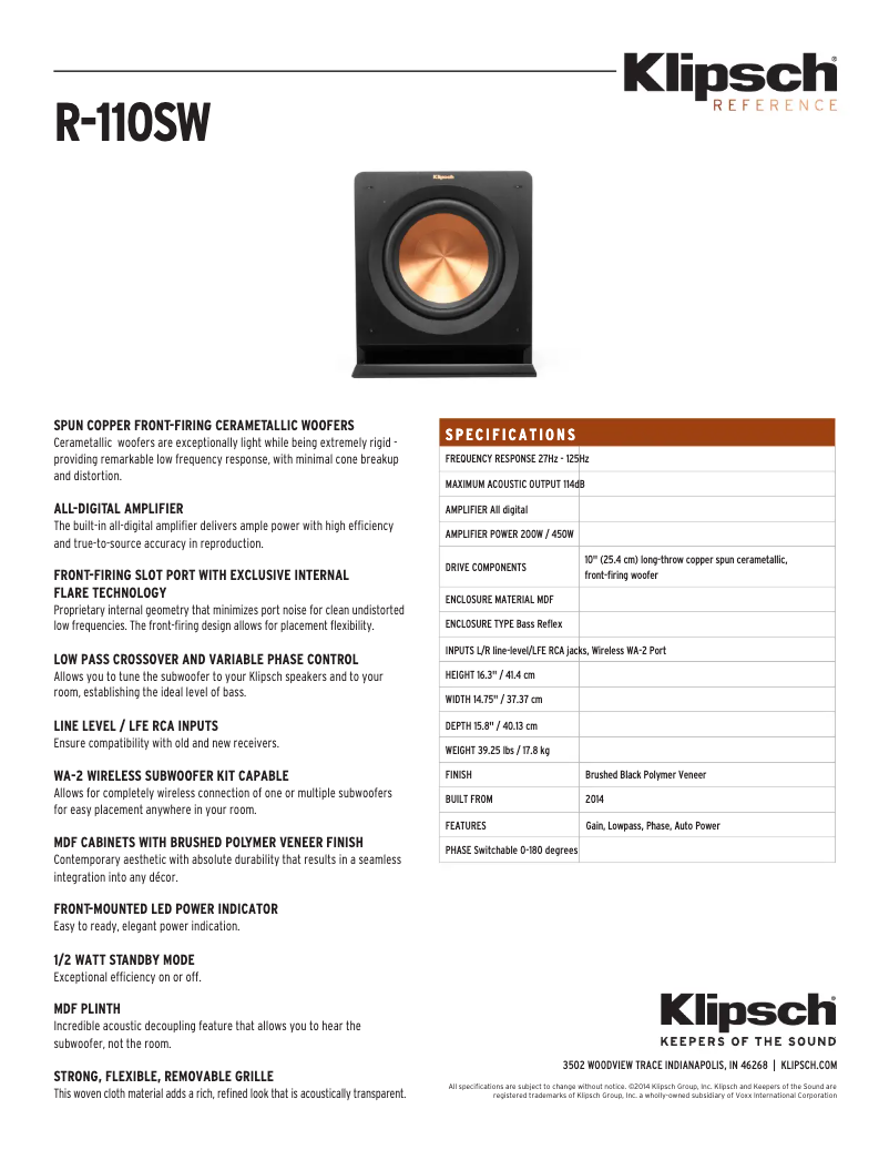 Página 1 del manual Ficha técnica Klipsch R-110SW