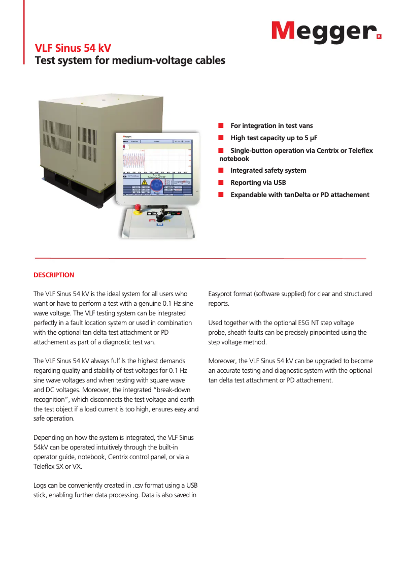 Page 1 de la notice Fiche technique Megger VLF Sinus 54 kV
