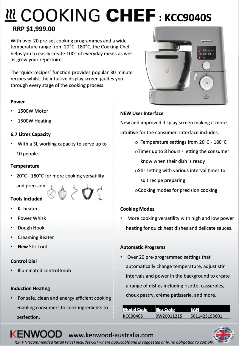 Page n°1 - Fiche technique Kenwood Cooking Chef KCC90
