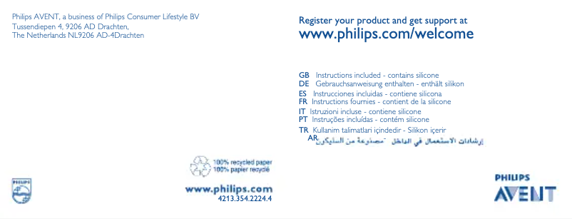 Imagen de la primera página del manual del dispositivo AVENT Night Time Pacifiers SCF176