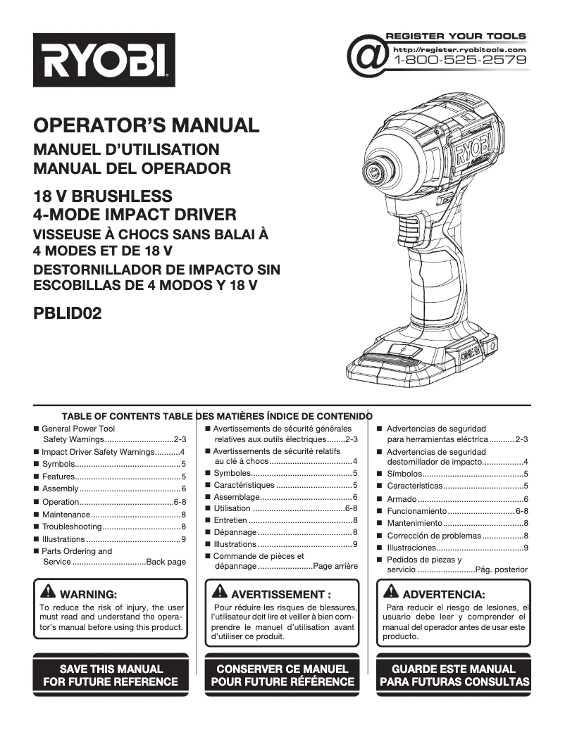 Page n°1 - Manuel utilisateur RYOBI One+ PBLID02