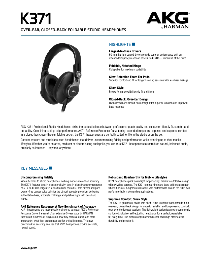 Page 1 de la notice Manuel utilisateur AKG K371