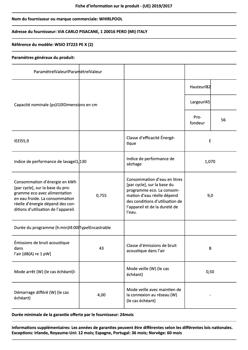 Page 1 de la notice Fiche technique Whirlpool WSIO 3T223 PE X